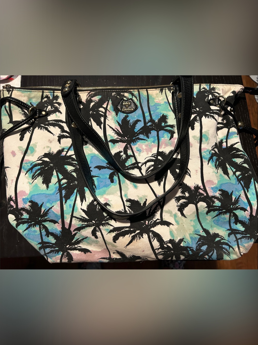 Y2K- Juicy Couture Palm-Print Shoulder Tote in Black, Blue, Pink, Cream